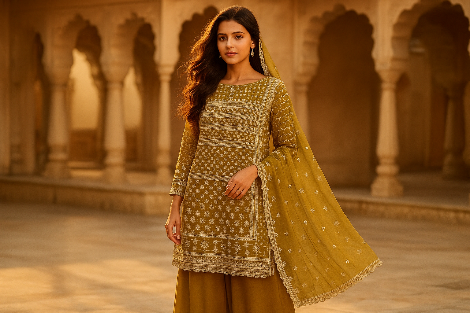 Golden Grace — Mustard Olive Embroidered Unstitched Salwar Kameez Set