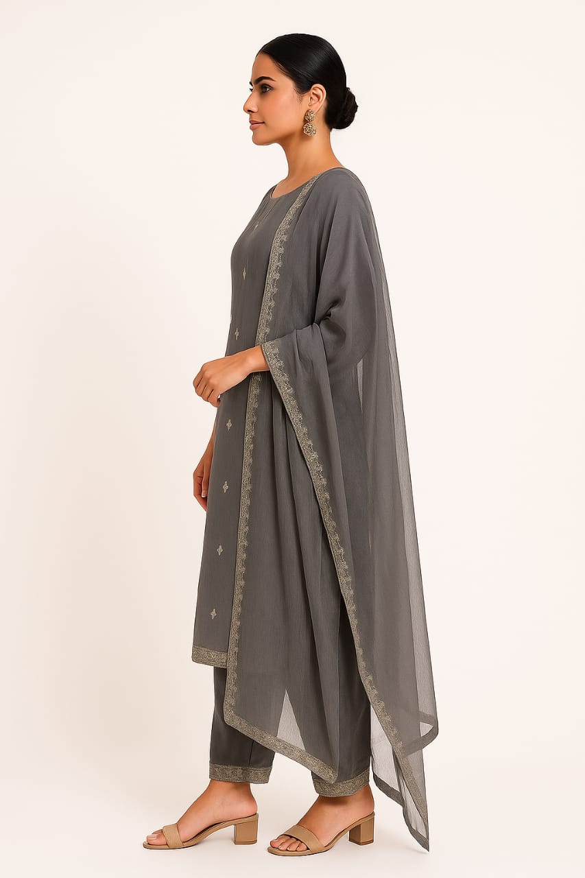 Elegant Charm Grey Embroidered Cotton Suit Set for Women