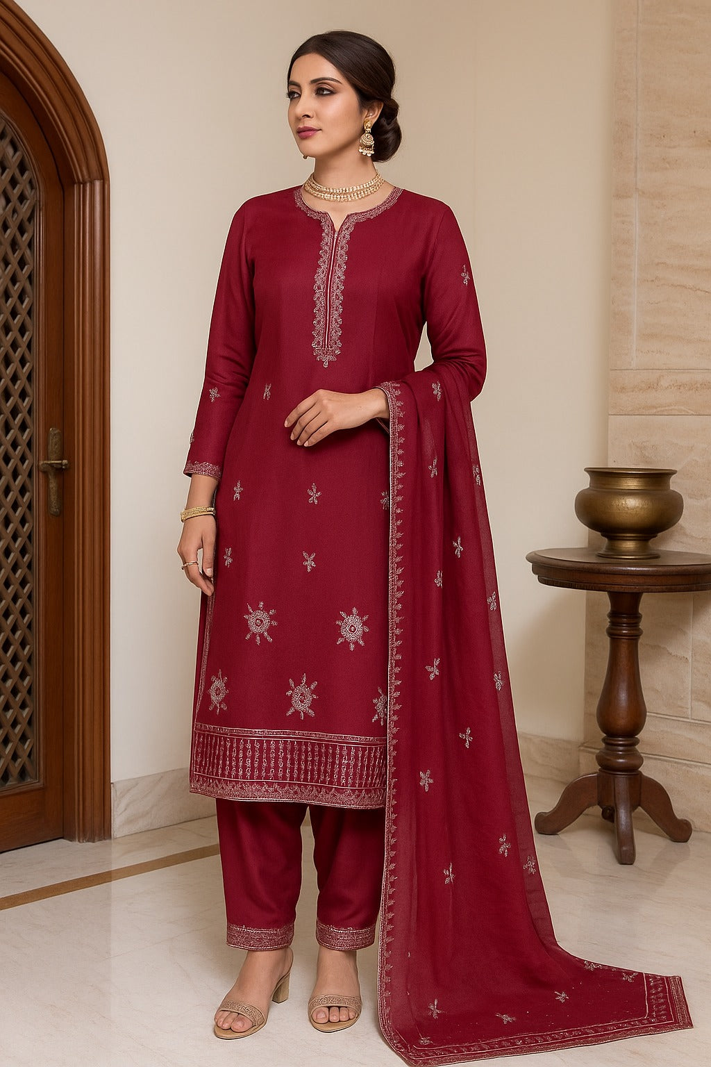 Regal Bloom Maroonish Red Embroidered Suit Set
