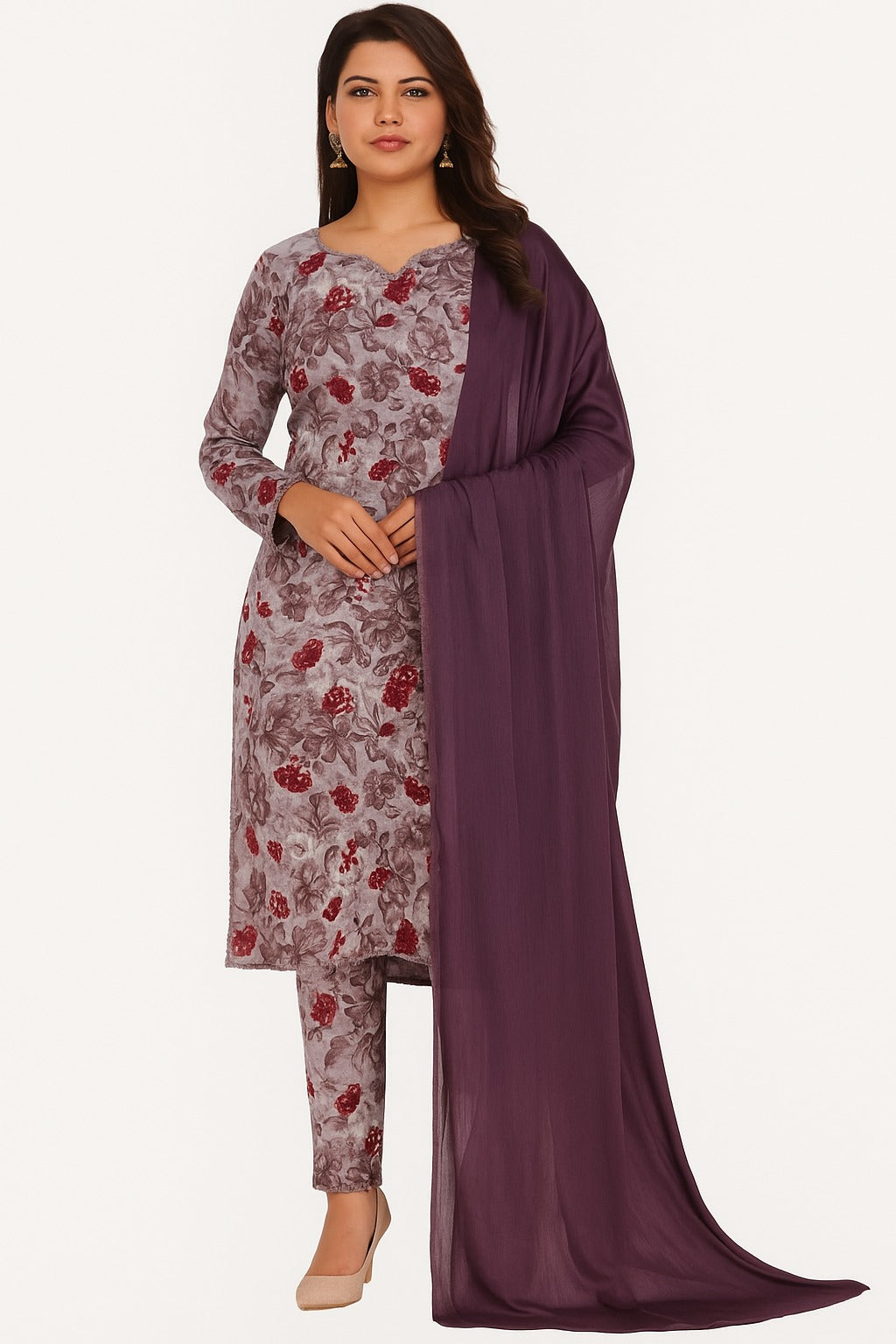 Mauve Bloom Floral Printed Cotton Suit Set with Maroon Dupatta