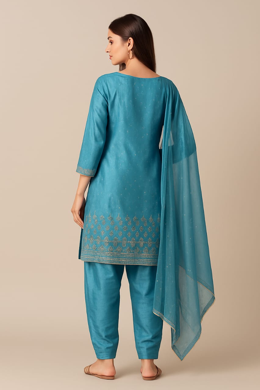 Azure Whisper Teal Embroidered Suit Set
