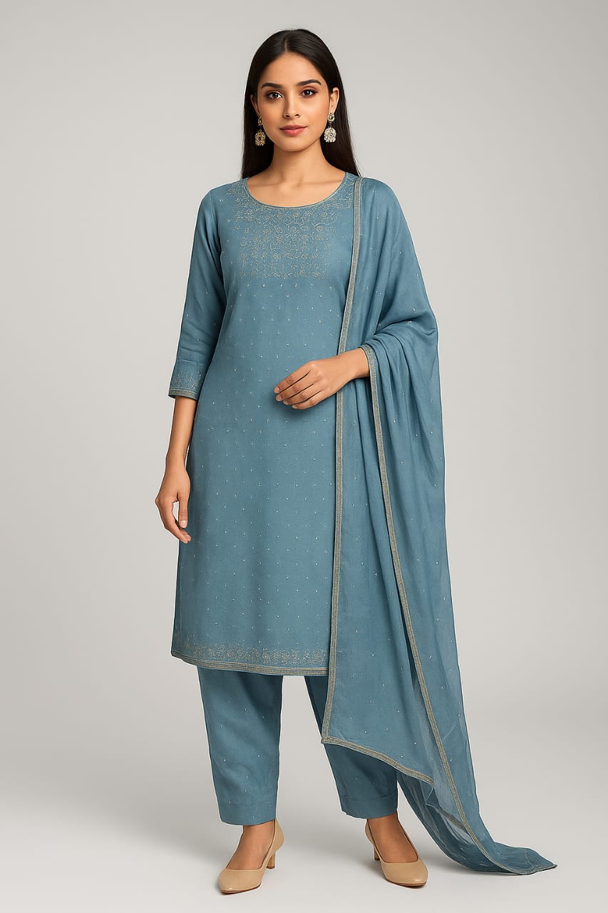 Azure Whisper Teal Embroidered Suit Set