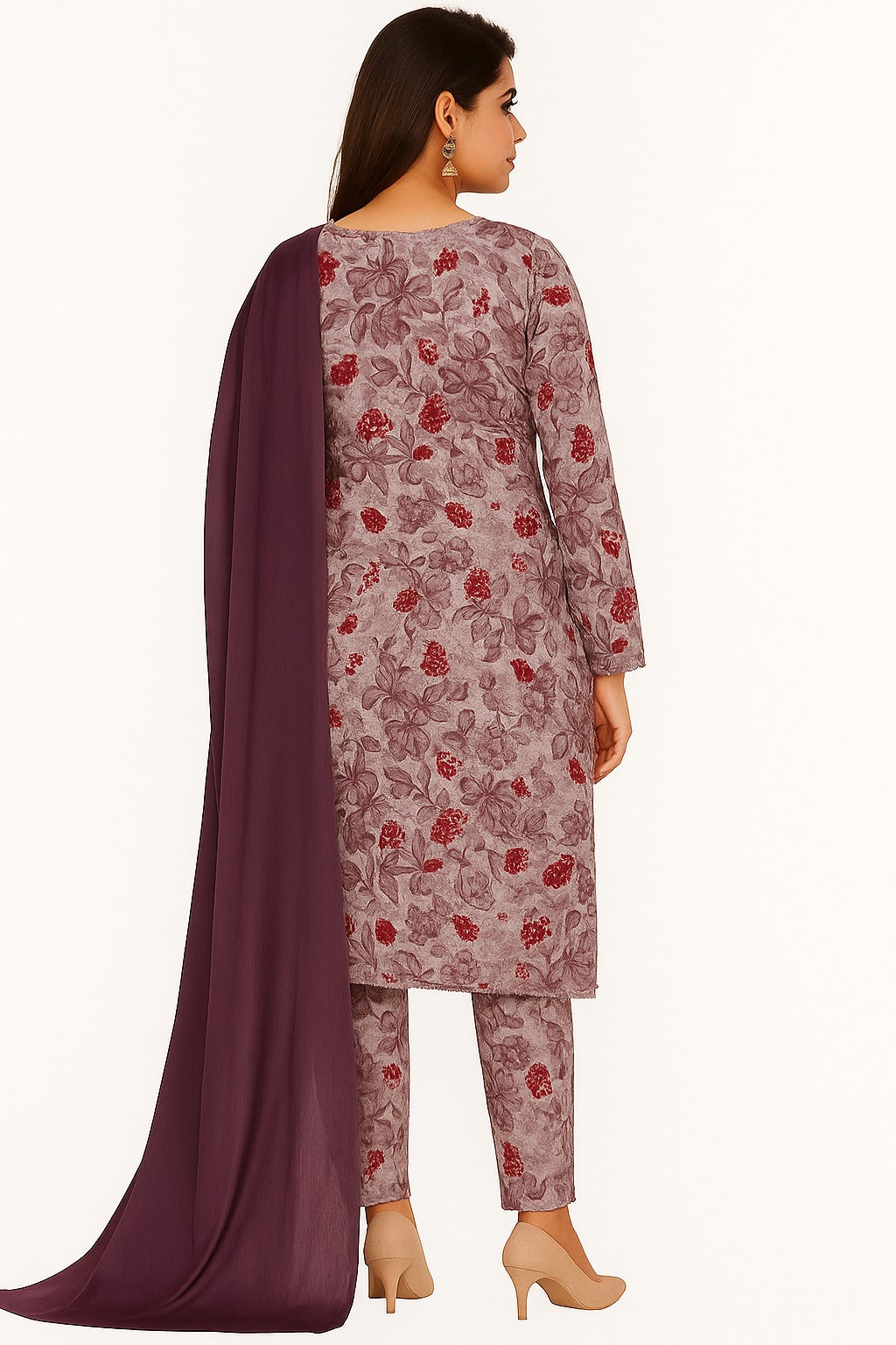 Mauve Bloom Floral Printed Cotton Suit Set with Maroon Dupatta